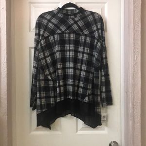 NWT Black plaid sheer hem blouse.